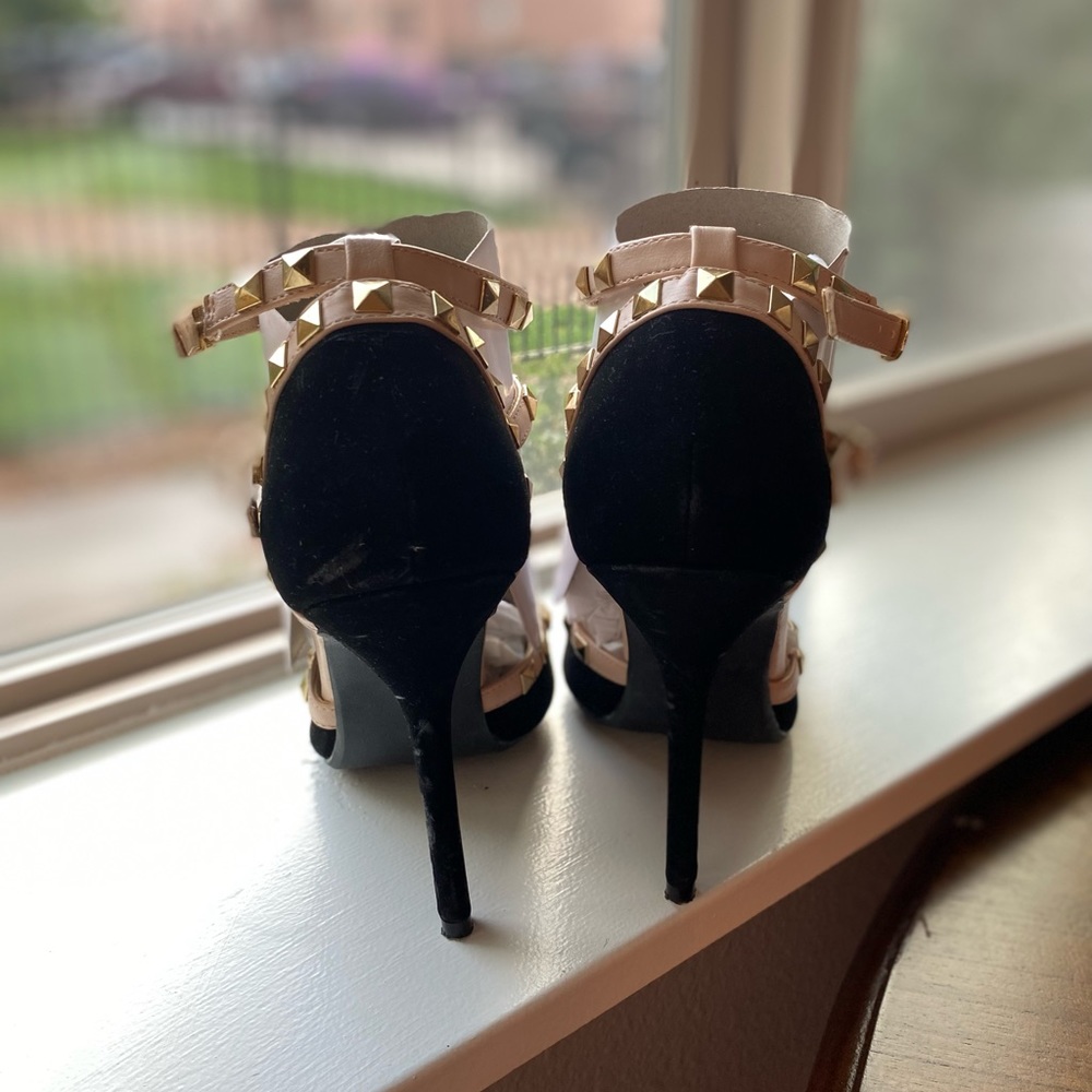 T-Strap Studded Heels in Black Suede - Picture 2 of 5